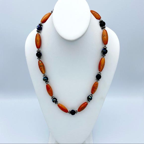 Artisan Handcrafted Orange Silver Tone & Peacock Aurora Borealis Beaded Necklace - Picture 1 of 10